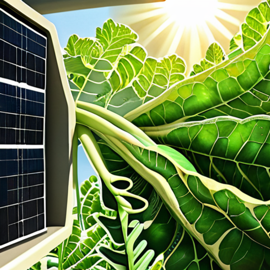 **

> Plant energy factory. Depict photosynthesis: Sunlight, water, and carbon dioxide being used by a plant to create sugars and release oxygen. Highlight the chloroplasts acting as solar panels.

**