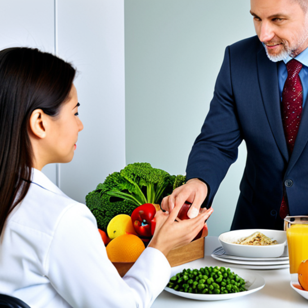 **
A professional nutritionist, fully clothed in appropriate office attire, advising a client on healthy eating habits. The scene is set in a bright, modern office with healthy food options displayed. Emphasis on balanced diet, fresh fruits, and vegetables. "Safe for work," "appropriate content," "professional," "modest," "perfect anatomy," "natural proportions," "well-formed hands," "proper finger count," "high quality."
**