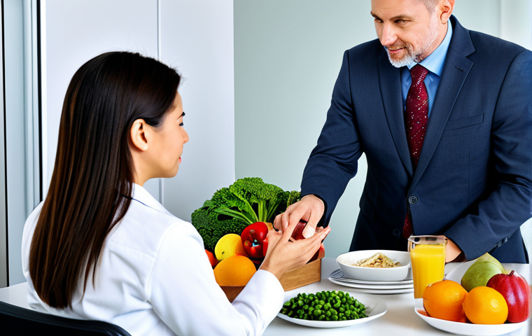 **

A professional nutritionist, fully clothed in appropriate office attire, advising a client on healthy eating habits. The scene is set in a bright, modern office with healthy food options displayed. Emphasis on balanced diet, fresh fruits, and vegetables. "Safe for work," "appropriate content," "professional," "modest," "perfect anatomy," "natural proportions," "well-formed hands," "proper finger count," "high quality."

**