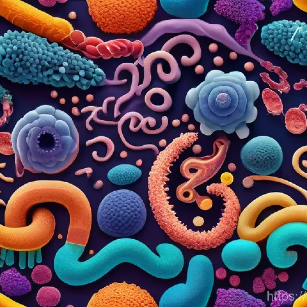 장내 미생물과 건강 - **Prompt:** A visually stunning and vibrant microscopic city nestled within a healthy, abstract repr...
