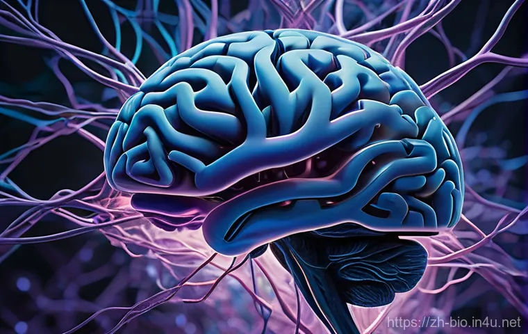 알츠하이머병 기전 - **Prompt:** A conceptual, abstract illustration of a human brain, rendered with a translucent qualit...