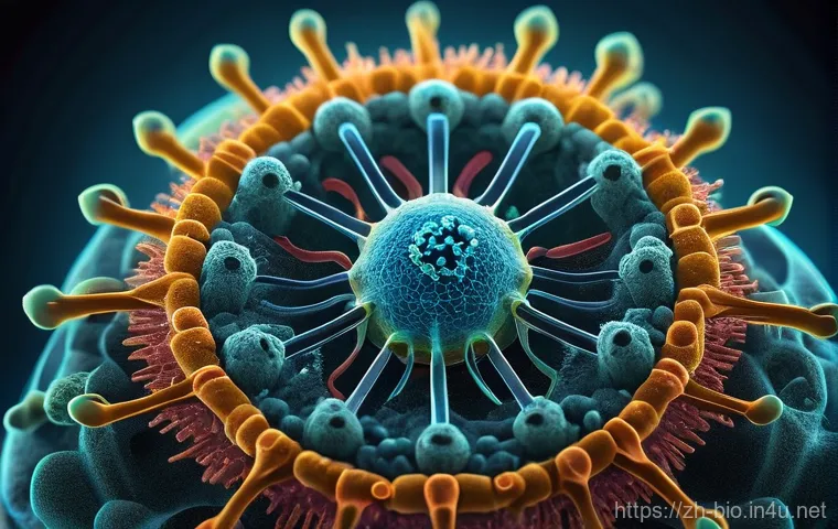 바이러스 감염 기전 - **Prompt 1: The Cellular Lock and Key**
    A highly detailed, vibrant microscopic view of a stylize...