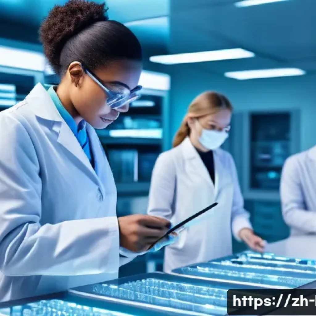 의료 생명과학 윤리 - A futuristic medical laboratory scene focused on gene editing technology using CRISPR: a diverse gro...