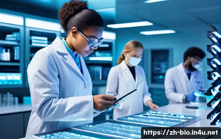 의료 생명과학 윤리 - A futuristic medical laboratory scene focused on gene editing technology using CRISPR: a diverse gro...