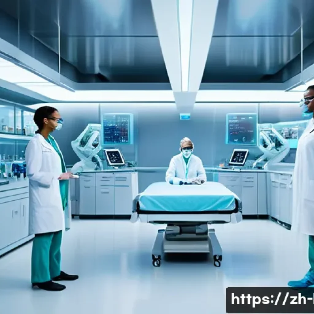 유전자 편집 기술 - A futuristic medical laboratory scene showcasing gene editing technology in action: a diverse group ...