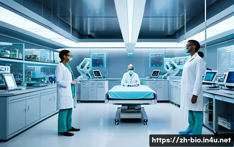 유전자 편집 기술 - A futuristic medical laboratory scene showcasing gene editing technology in action: a diverse group ...