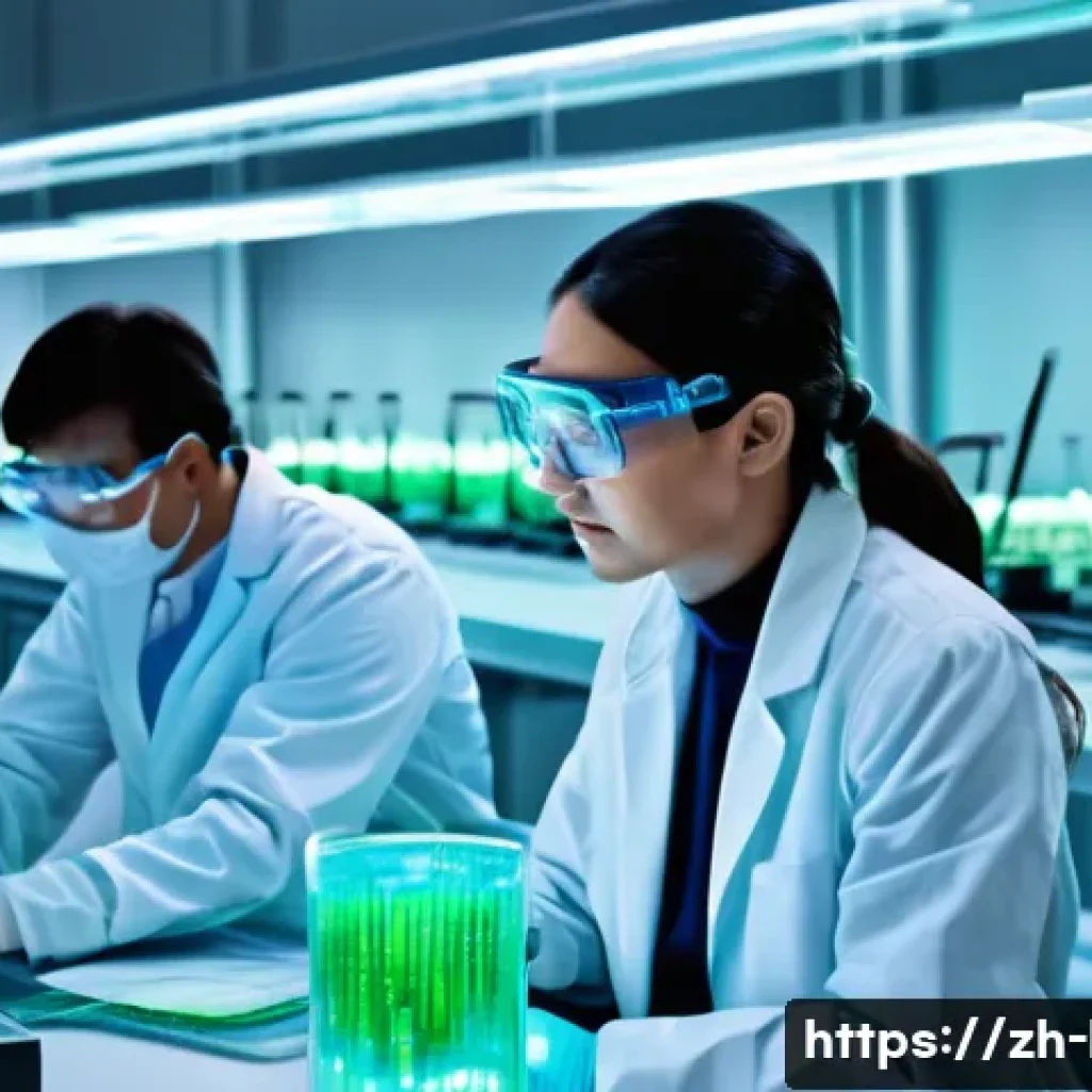 생명공학과 환경 문제 - A futuristic environmental laboratory scene showing scientists in lab coats and safety glasses worki...