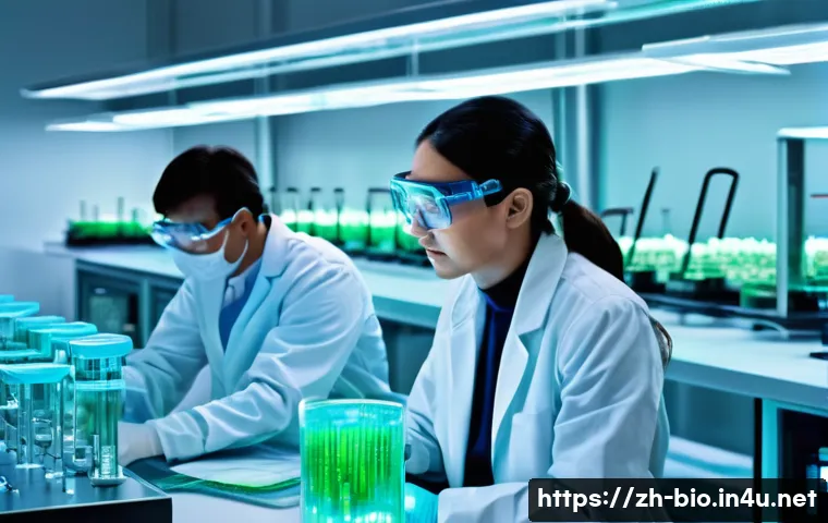 생명공학과 환경 문제 - A futuristic environmental laboratory scene showing scientists in lab coats and safety glasses worki...