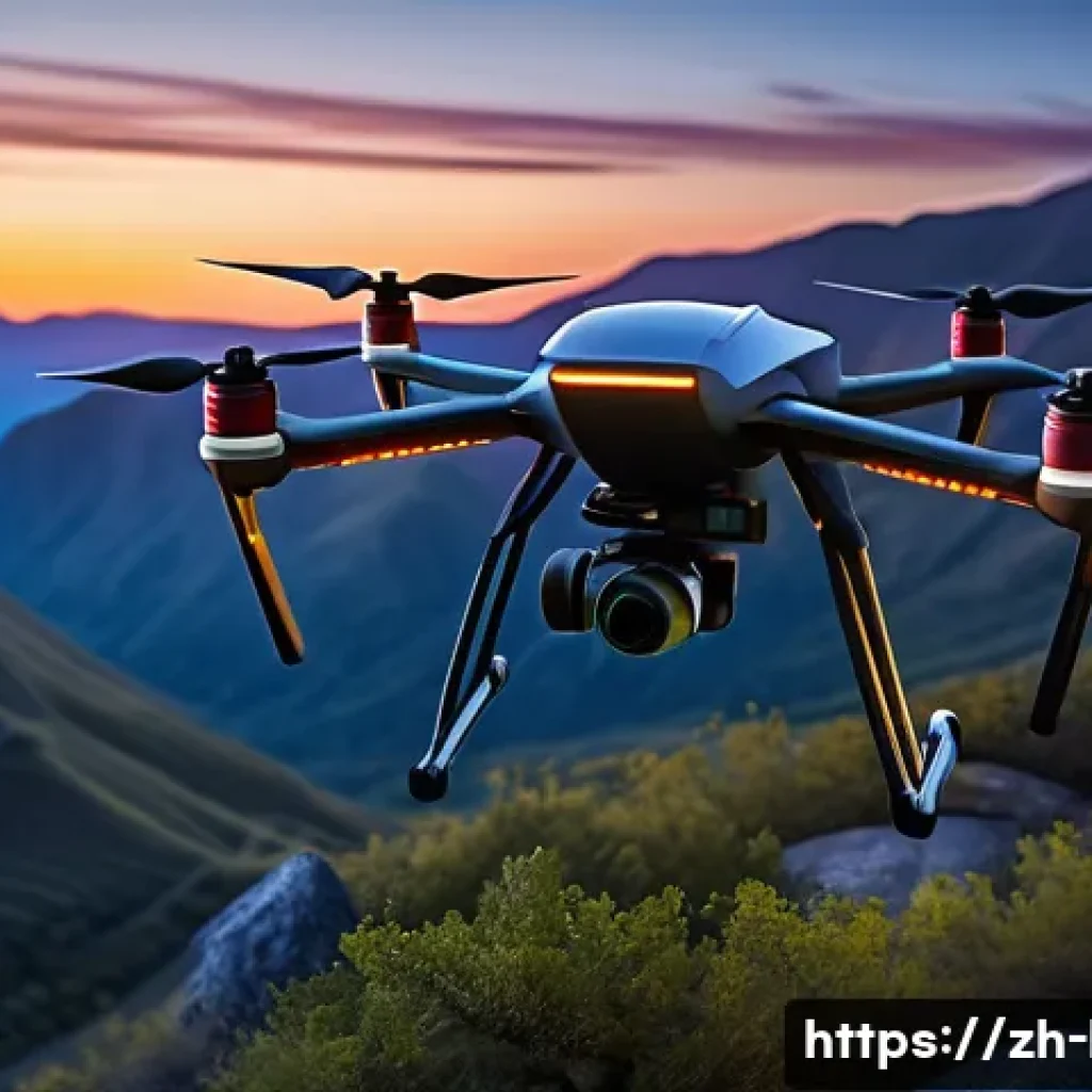 야생동물 보호 기술 - A high-tech drone equipped with infrared cameras flying over rugged mountainous terrain at dusk, cap...