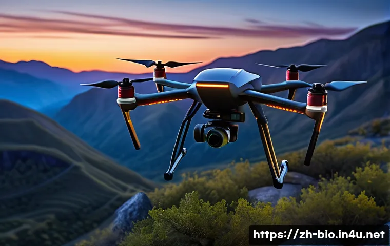 야생동물 보호 기술 - A high-tech drone equipped with infrared cameras flying over rugged mountainous terrain at dusk, cap...