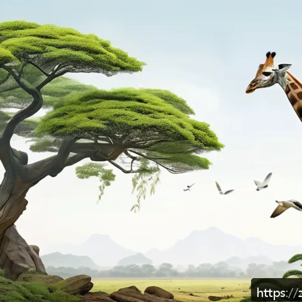 라마르크와 진화 - A detailed scientific illustration of Lamarck's theory of evolution, featuring a giraffe stretching ...