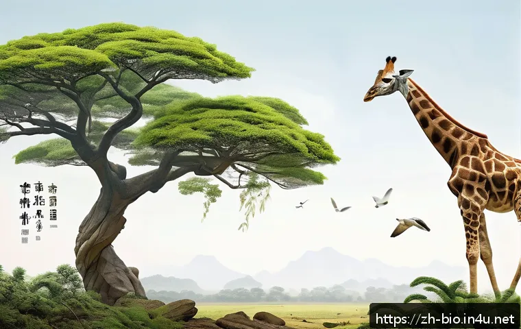 라마르크와 진화 - A detailed scientific illustration of Lamarck's theory of evolution, featuring a giraffe stretching ...