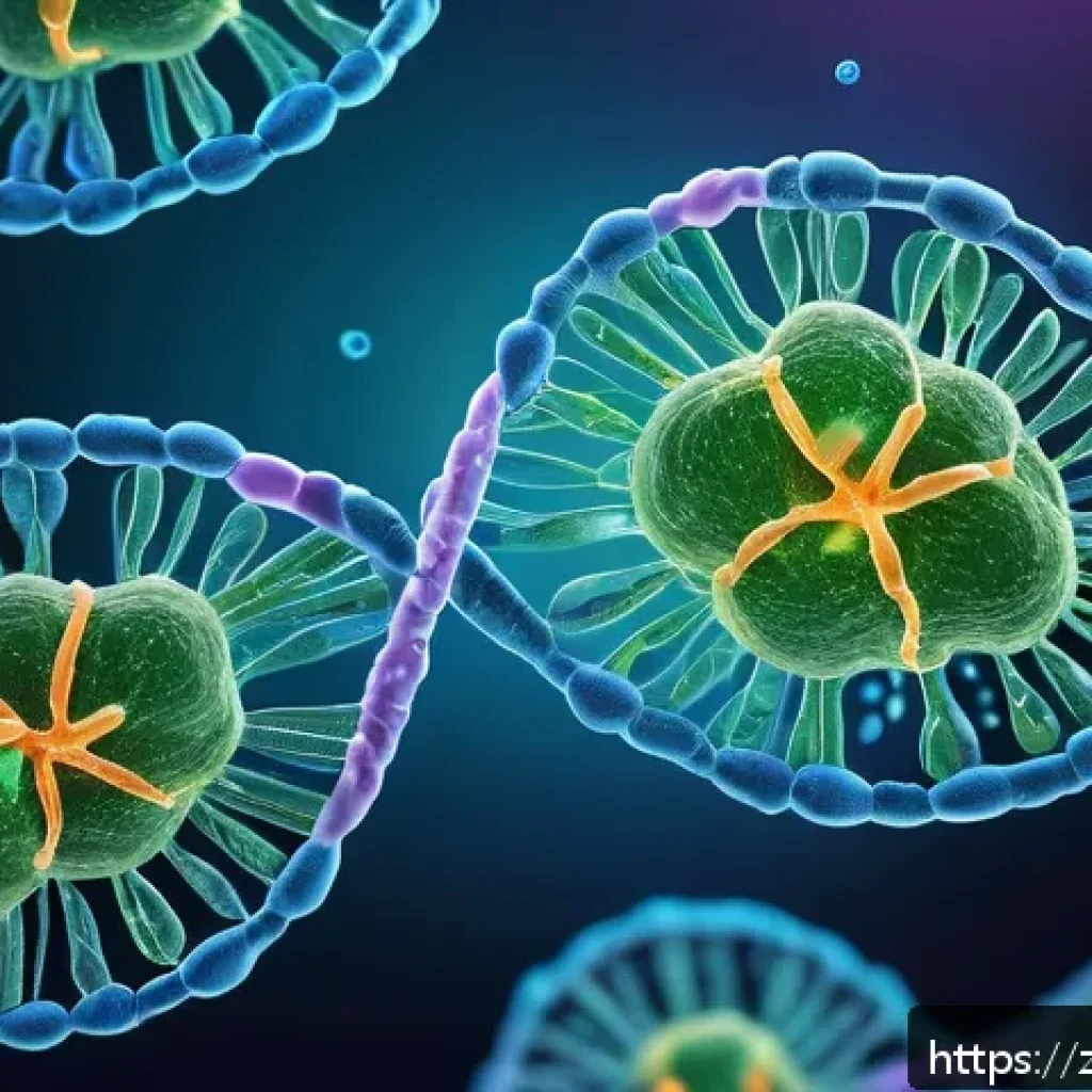 암 발생 기전 - A highly detailed scientific illustration of intracellular gene mutation processes inside a human ce...