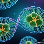 암 발생 기전 - A highly detailed scientific illustration of intracellular gene mutation processes inside a human ce...