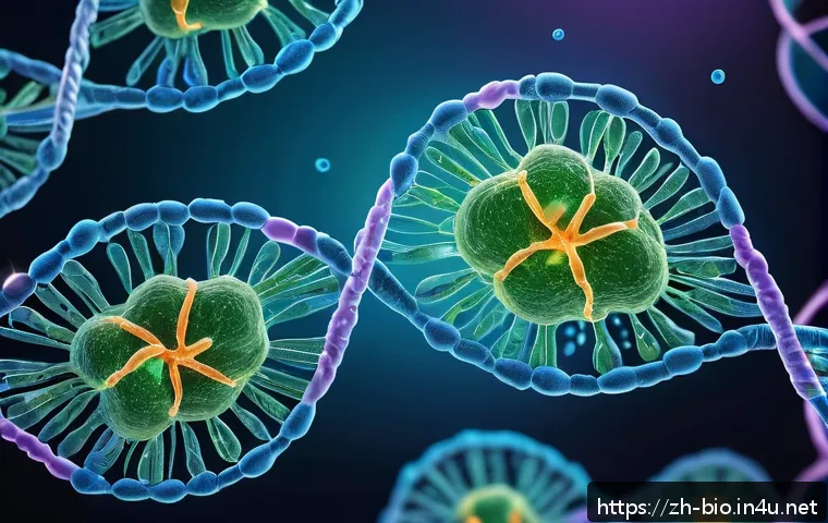 암 발생 기전 - A highly detailed scientific illustration of intracellular gene mutation processes inside a human ce...