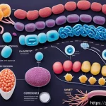 장내 미생물과 대사 질환 - A detailed scientific illustration of a healthy human gut interior showcasing a diverse ecosystem of...