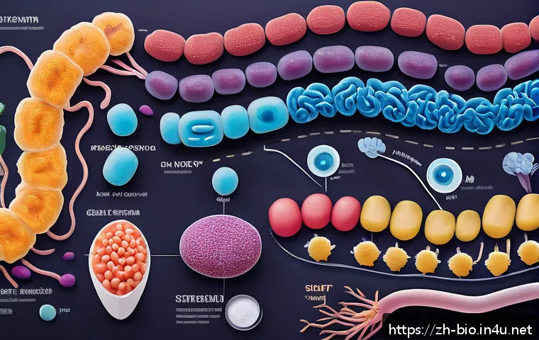 장내 미생물과 대사 질환 - A detailed scientific illustration of a healthy human gut interior showcasing a diverse ecosystem of...
