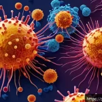 항암 치료 원리 - A detailed scientific illustration of the human immune system at work, focusing on T cells and natur...