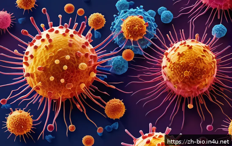 항암 치료 원리 - A detailed scientific illustration of the human immune system at work, focusing on T cells and natur...