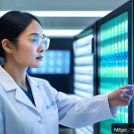 난치병 치료의 혁신 기술 - A futuristic medical laboratory scene showcasing advanced gene sequencing technology in action: a di...