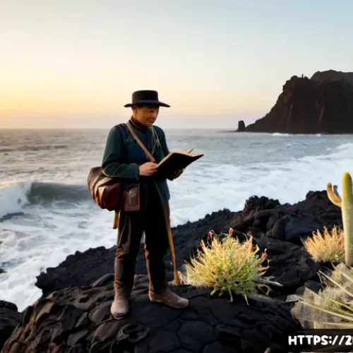 다윈의 진화 이론 - Photorealistic 19th-century naturalist standing on a rugged volcanic island shore, studying diverse ...