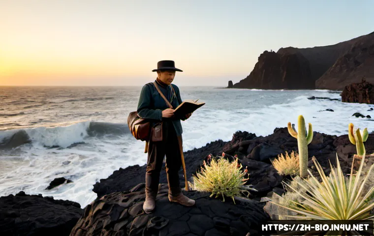 다윈의 진화 이론 - Photorealistic 19th-century naturalist standing on a rugged volcanic island shore, studying diverse ...
