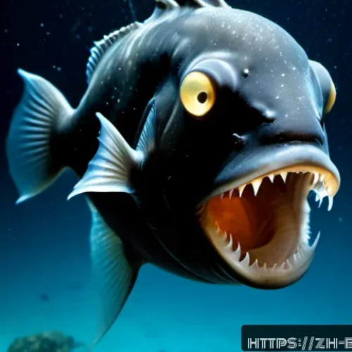 심해 생물의 적응 - Photorealistic deep-sea anglerfish suspended in total ocean darkness, bioluminescent lure glowing so...