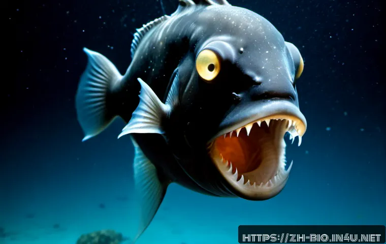 심해 생물의 적응 - Photorealistic deep-sea anglerfish suspended in total ocean darkness, bioluminescent lure glowing so...