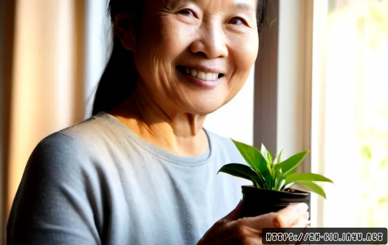 텔로미어와 수명 연장 - Photorealistic close-up of a healthy older Asian woman in her late sixties smiling softly beside a s...