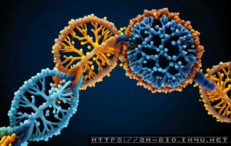 단백질 합성 기작 - Photorealistic high-magnification scientific visualization of a ribosome assembling a protein chain,...