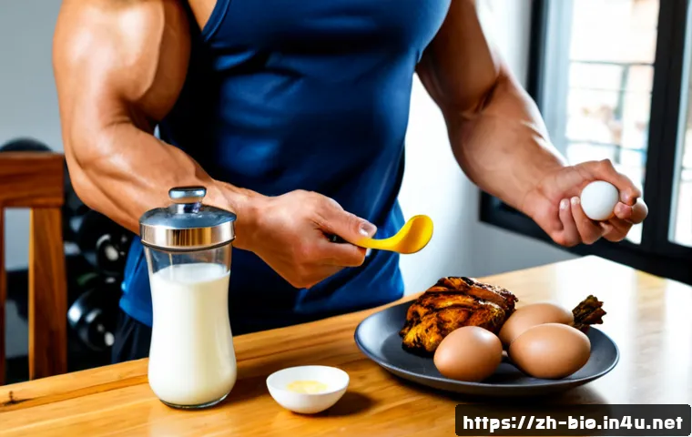 근육 발달과 단백질 대사 - Photorealistic fitness nutrition scene, athletic adult man in modest sleeveless workout clothing per...