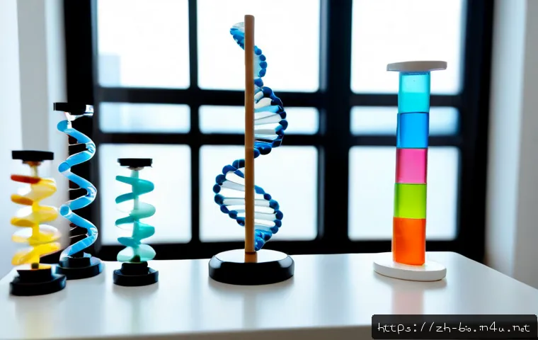 유전학 기본 개념 - Photorealistic educational science still life illustrating basic genetics, a large translucent DNA d...