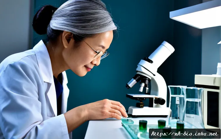 노화 생물학 - Photorealistic aging biology research scene, mature female scientist in a clean modern laboratory ex...